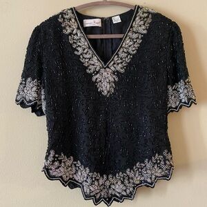 Vintage Laurence Kazar New York Black Beaded Silk Women's Top Size XL